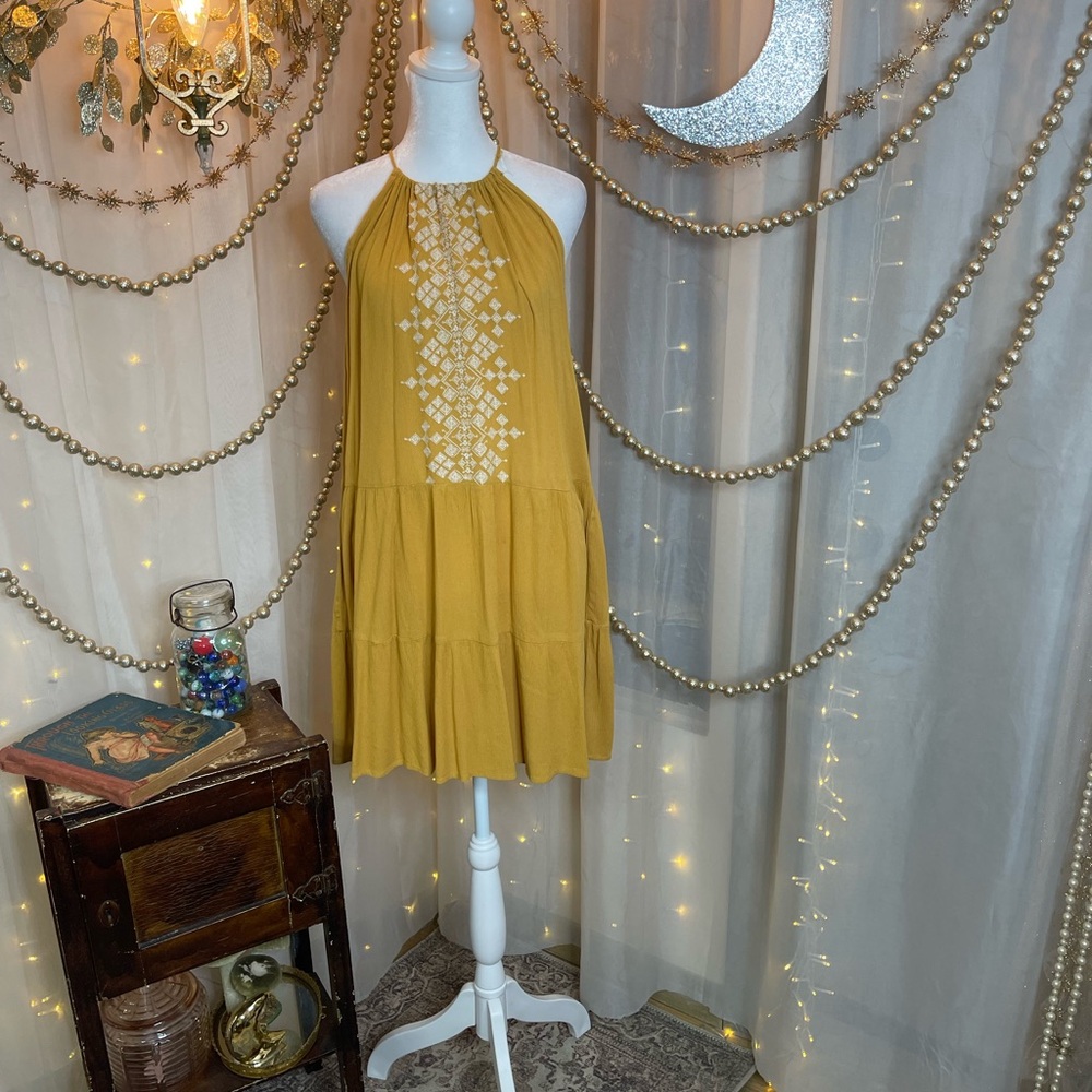 Cape Juby Yellow Ochre Drop waist Embroidered Mini Sundress